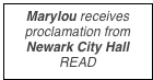 Marylou receives proclamation from Newark City Hall
READ